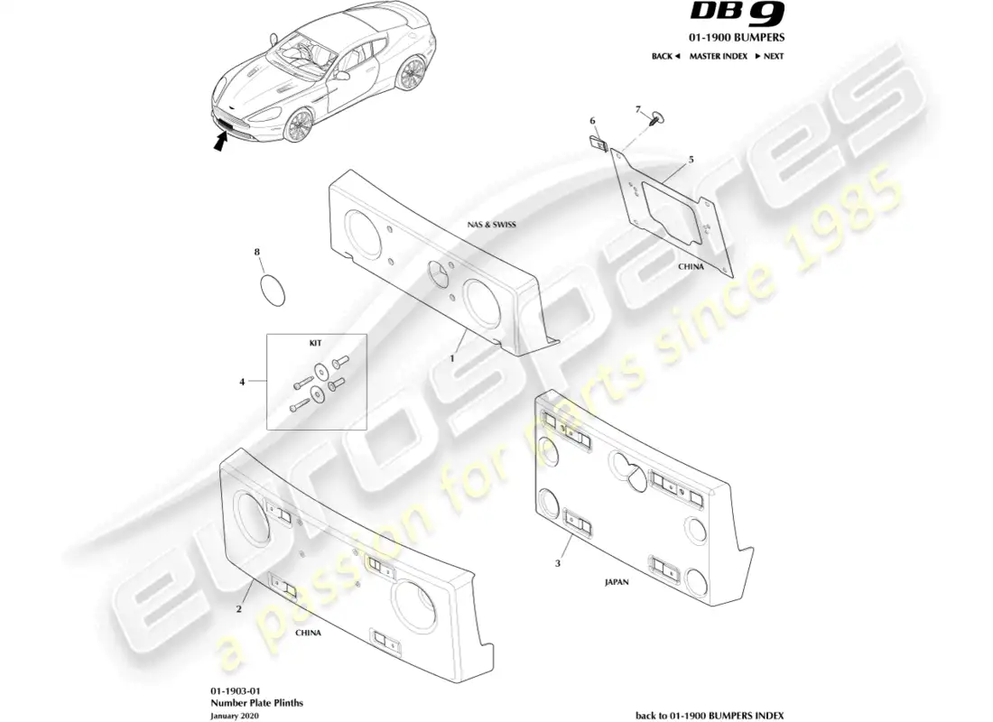 aston martin db9 (2016) zócalos de matrícula diagrama de piezas