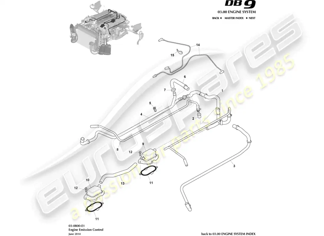 aston martin db9 (2013) control de emisión diagrama de piezas