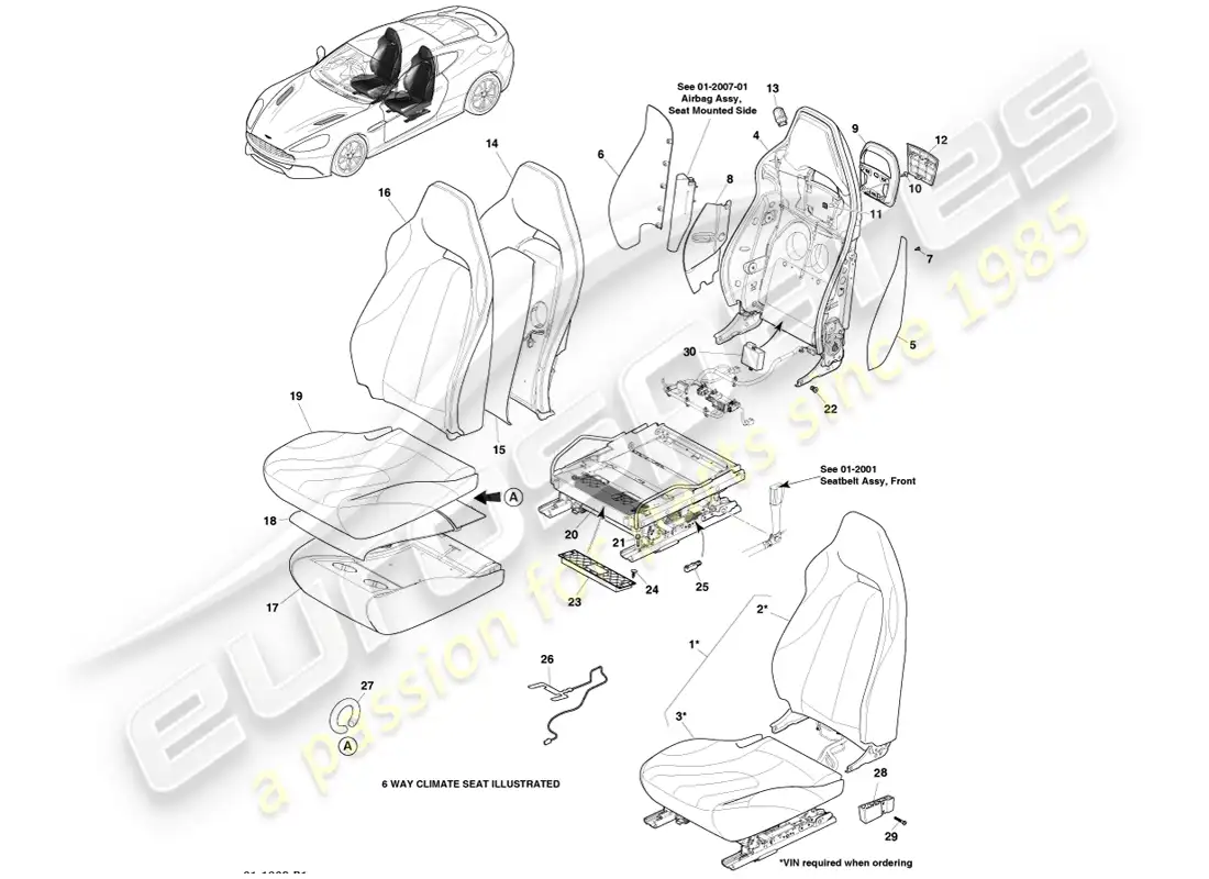 aston martin vanquish (2013) asientos delanteros diagrama de piezas