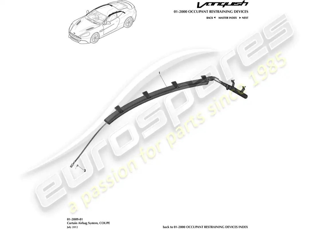 aston martin vanquish (2016) airbag de cortina, cupé diagrama de piezas