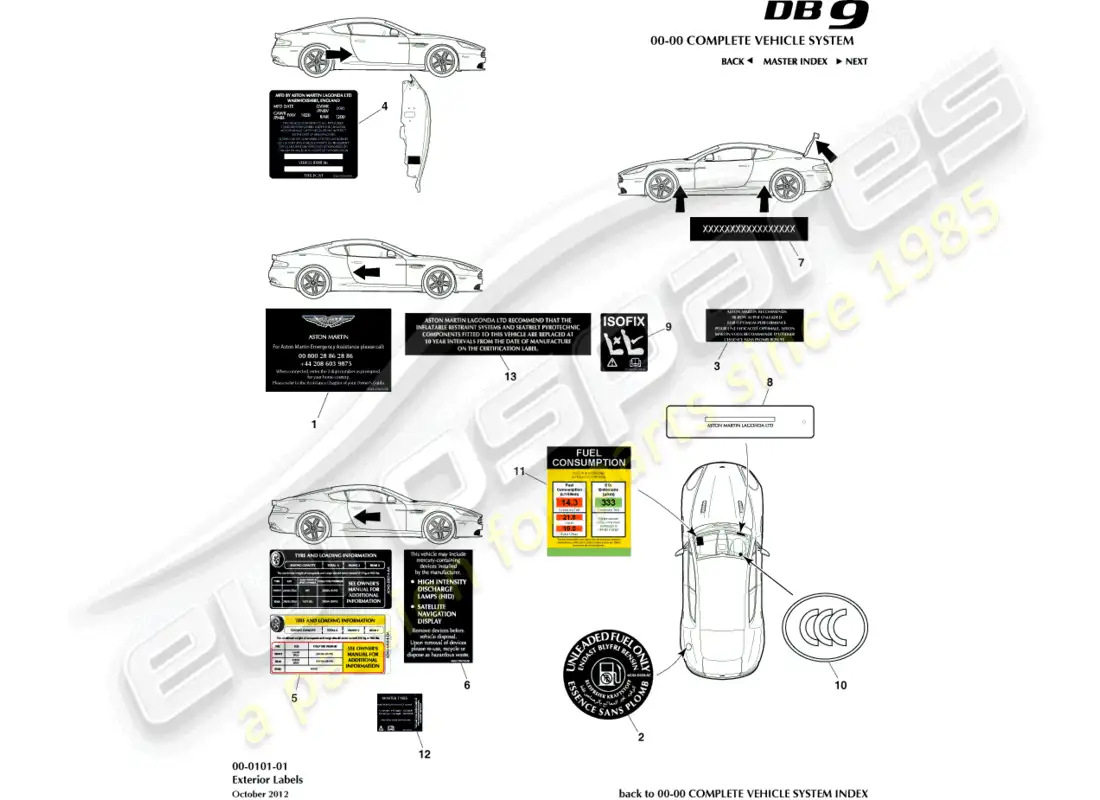 aston martin db9 (2013) etiquetas exteriores diagrama de piezas