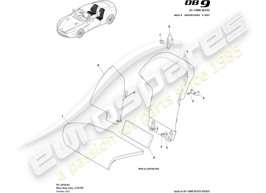 aston martin db9 (2013) asientos traseros, cupé diagrama de piezas
