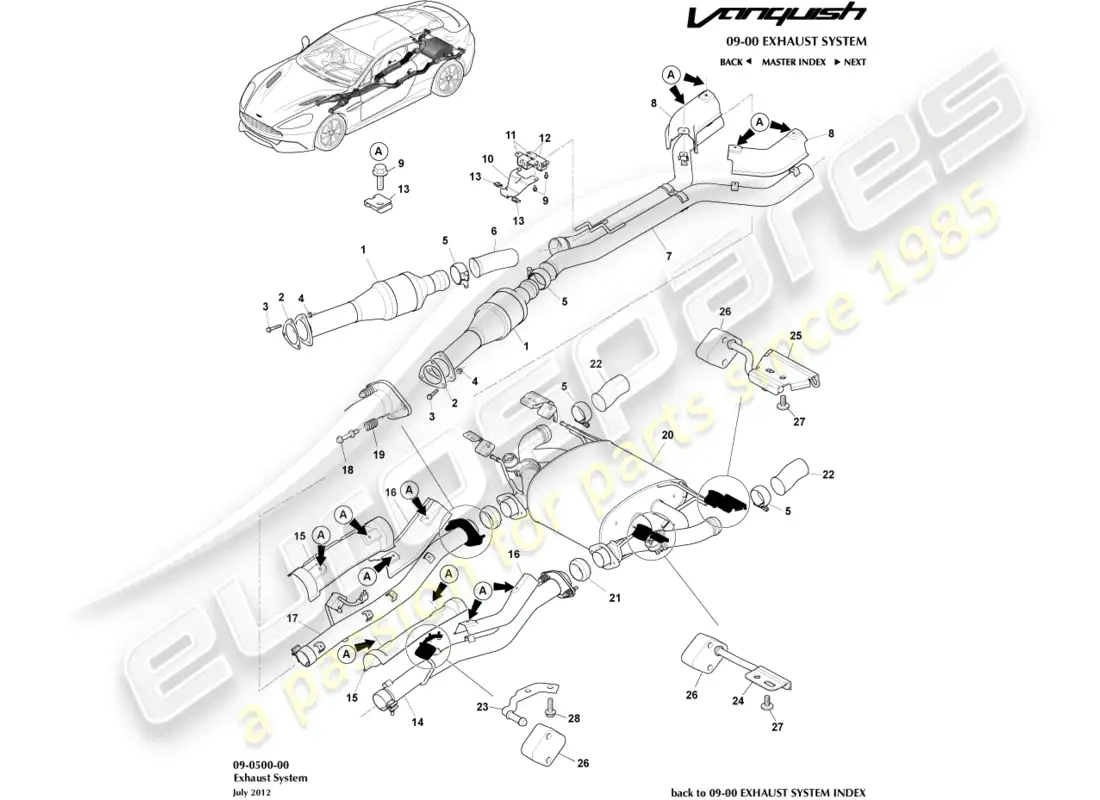 aston martin vanquish (2017) sistema de escape diagrama de piezas
