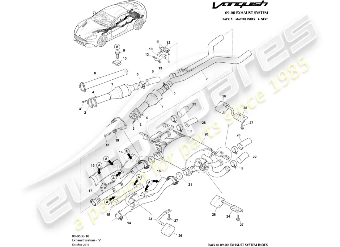 aston martin vanquish (2017) sistemas de escape diagrama de piezas