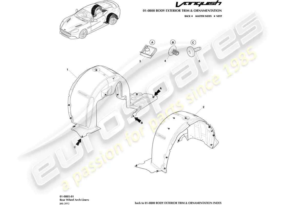 aston martin vanquish (2016) revestimientos del paso de rueda trasera diagrama de piezas