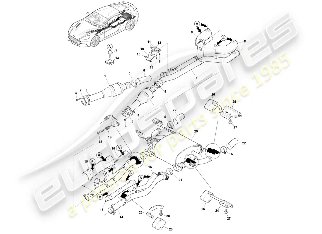 aston martin vanquish (2013) sistema de escape diagrama de piezas