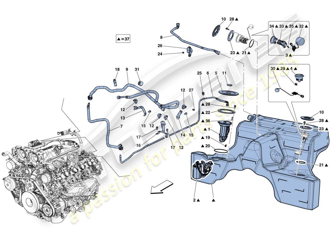 ferrari california t (rhd) bomba de combustible y tubos conectores diagrama de piezas