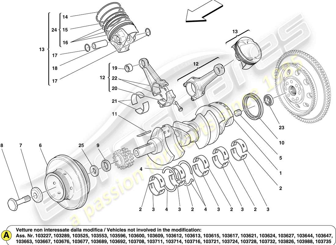 ferrari california (europe) diagrama de piezas del cigüeñal, bielas y pistones