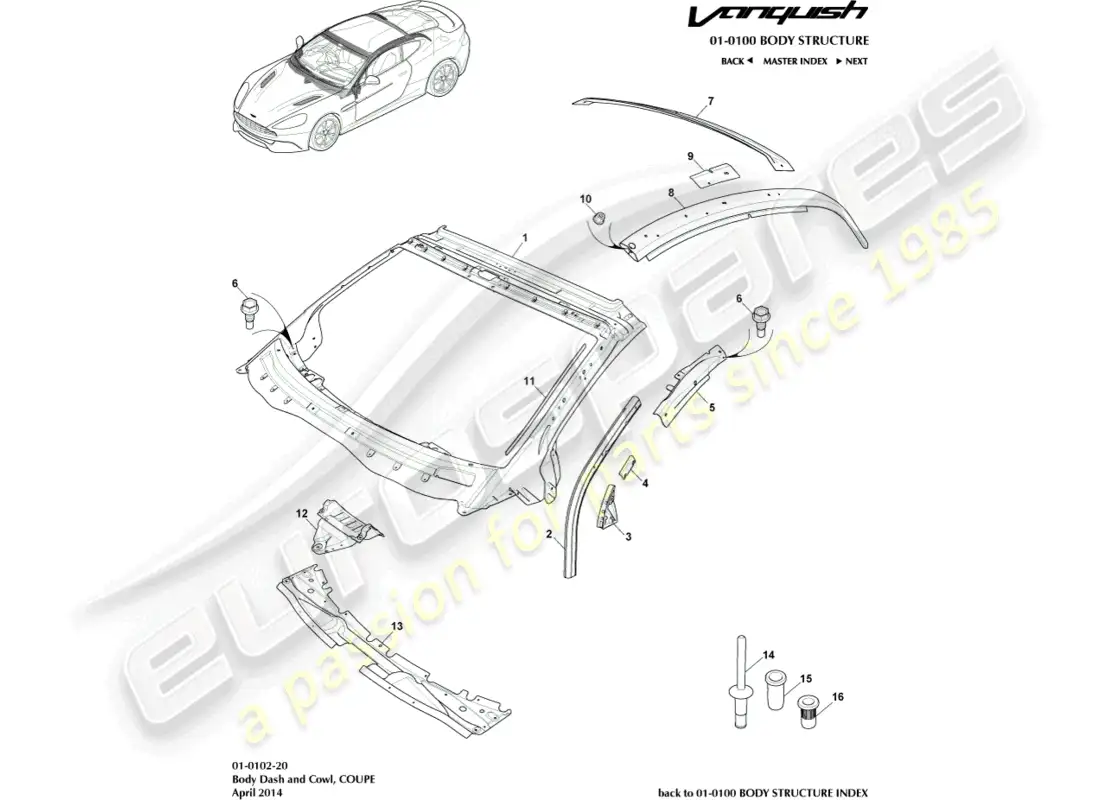 aston martin vanquish (2016) carrocería, tablero y capó, cupé diagrama de piezas