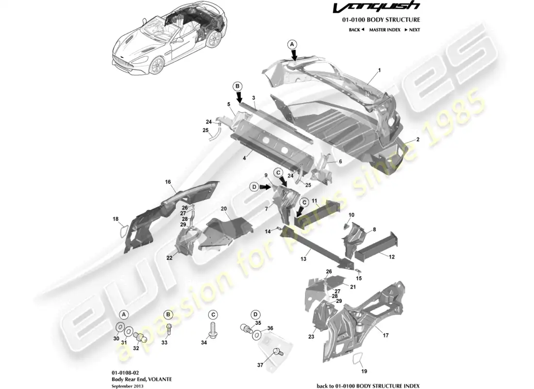 aston martin vanquish (2016) body rear end, volante diagrama de piezas
