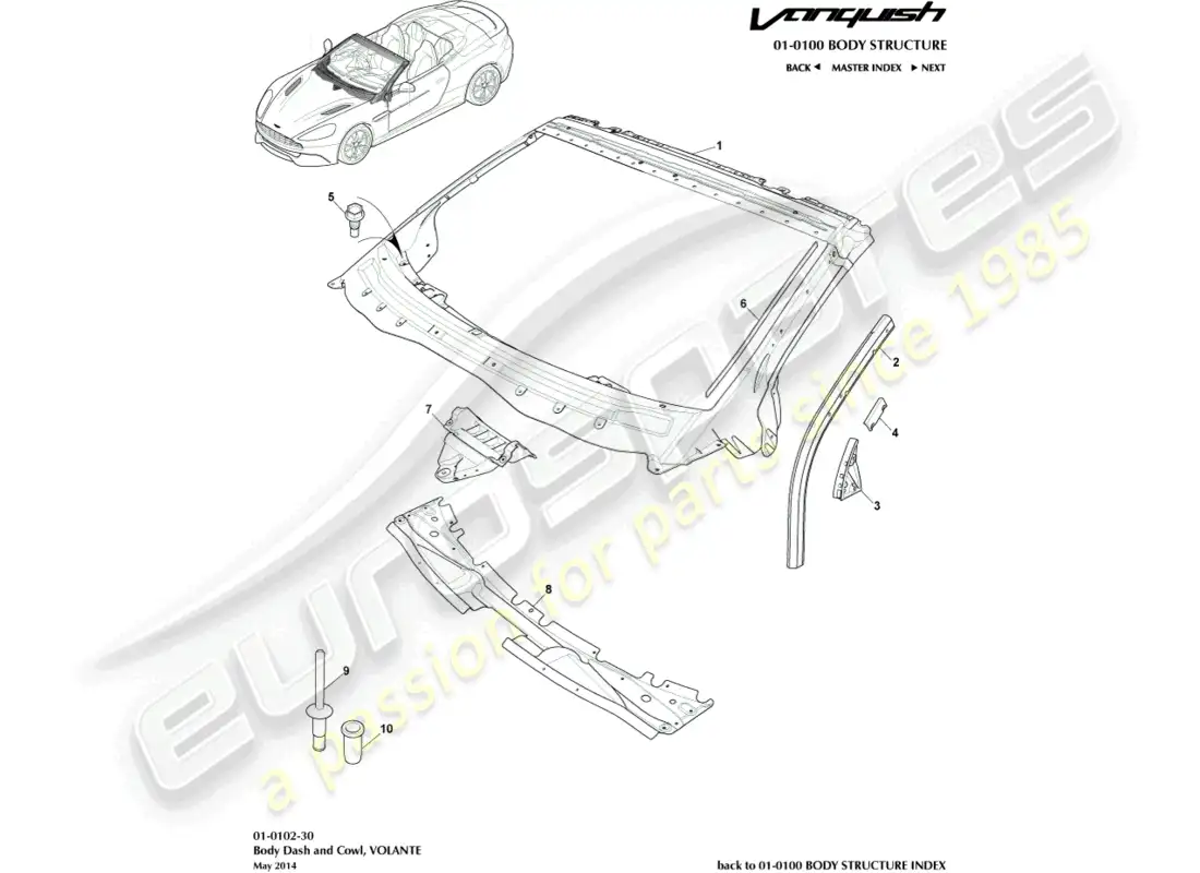 aston martin vanquish (2016) carrocería y capó, volante diagrama de piezas
