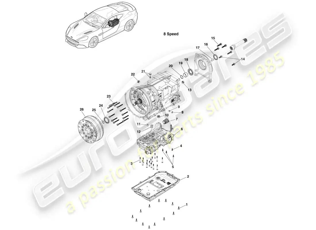 aston martin vanquish (2013) kits de transmisión, 8spd diagrama de piezas