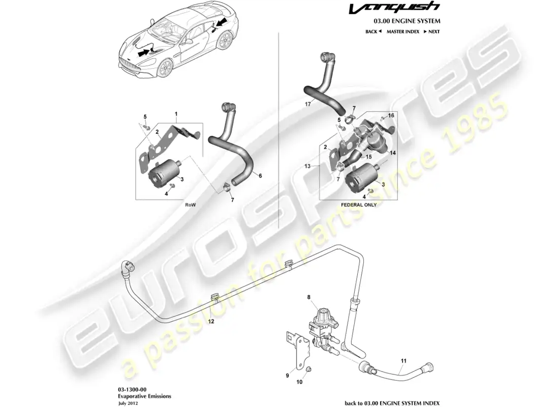 aston martin vanquish (2017) emisiones evaporativas diagrama de piezas
