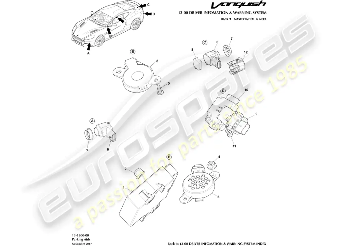 aston martin vanquish (2016) ayuda al aparcamiento diagrama de piezas