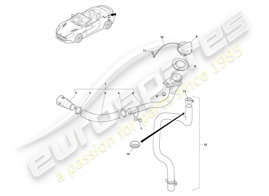 aston martin vanquish (2013) conjunto de llenado de combustible, volante diagrama de piezas