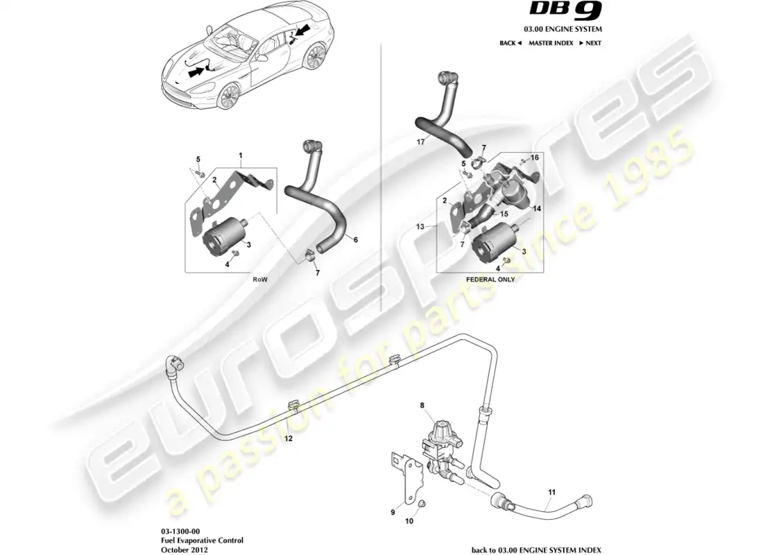 aston martin db9 (2014) emisiones evaporativas diagrama de piezas
