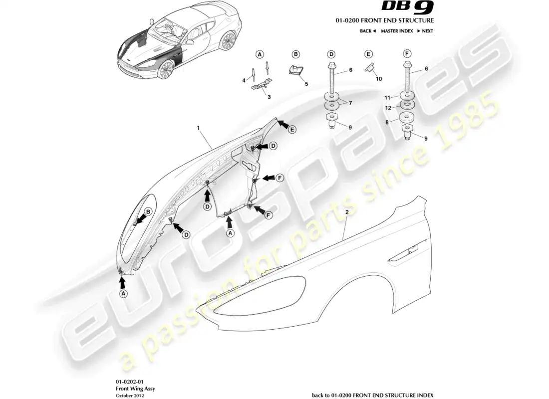 aston martin db9 (2014) alas delanteras diagrama de piezas