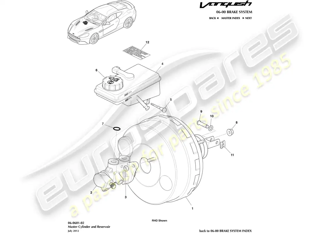 aston martin vanquish (2018) cilindro maestro y depósito diagrama de piezas