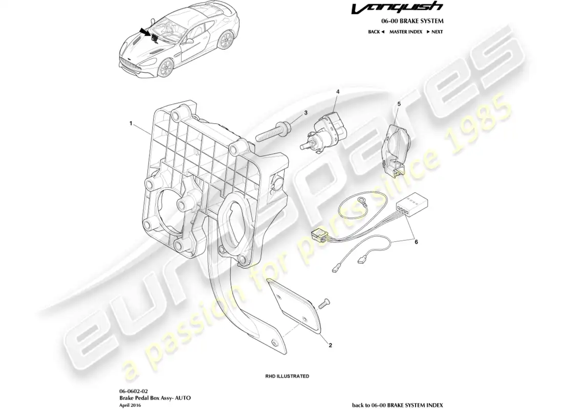 aston martin vanquish (2018) conjunto del actuador de freno diagrama de piezas