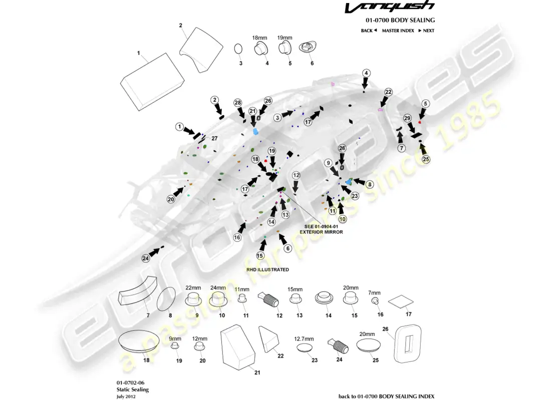 aston martin vanquish (2017) diagrama de piezas de sellado estático