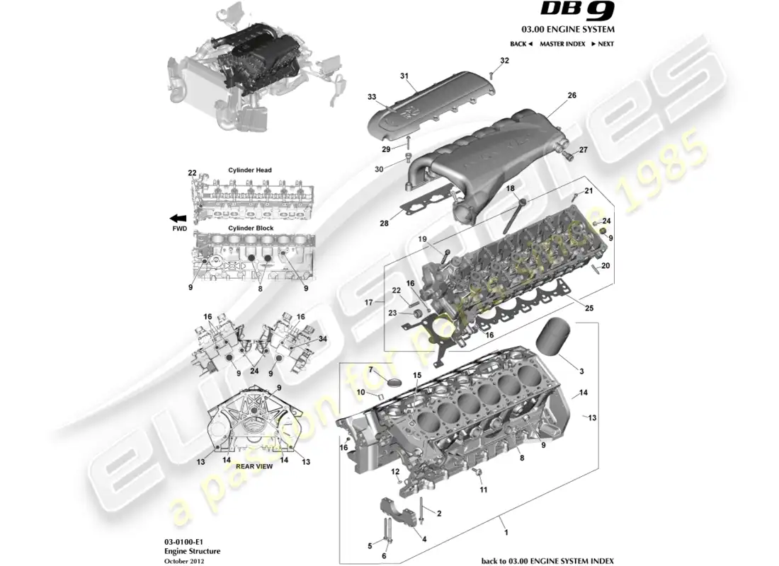 aston martin db9 (2014) estructura del motor diagrama de piezas