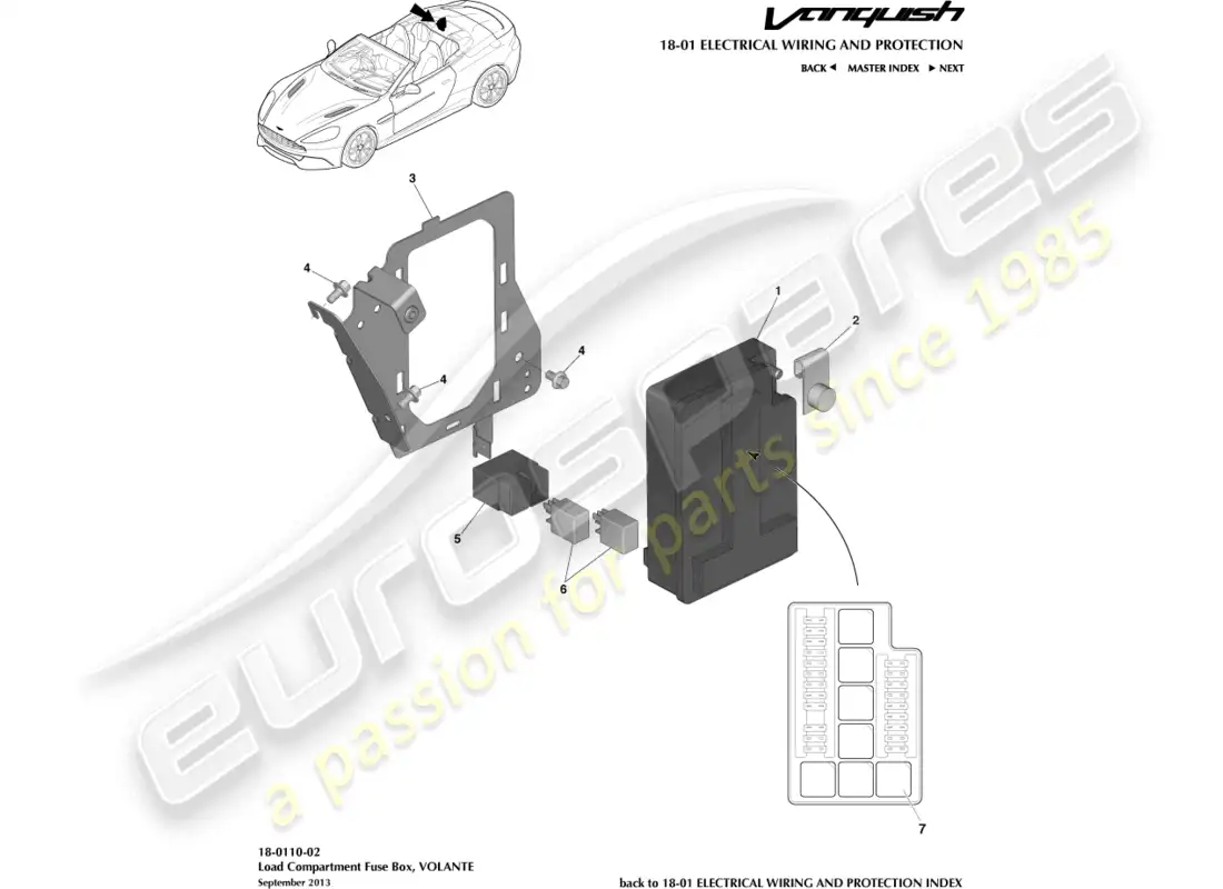 aston martin vanquish (2018) diagrama de piezas de la caja de fusibles del compartimento de carga