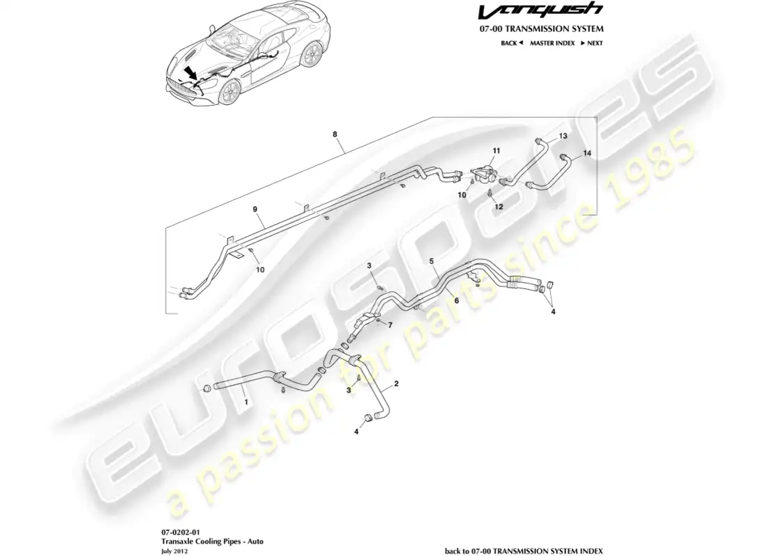 aston martin vanquish (2017) tubos de enfriador de aceite de transmisión diagrama de piezas
