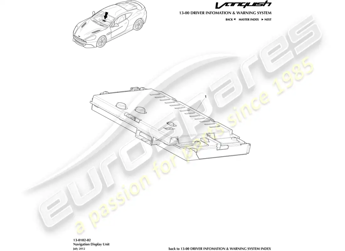 aston martin vanquish (2016) diagrama de piezas de la pantalla del navegador por satélite