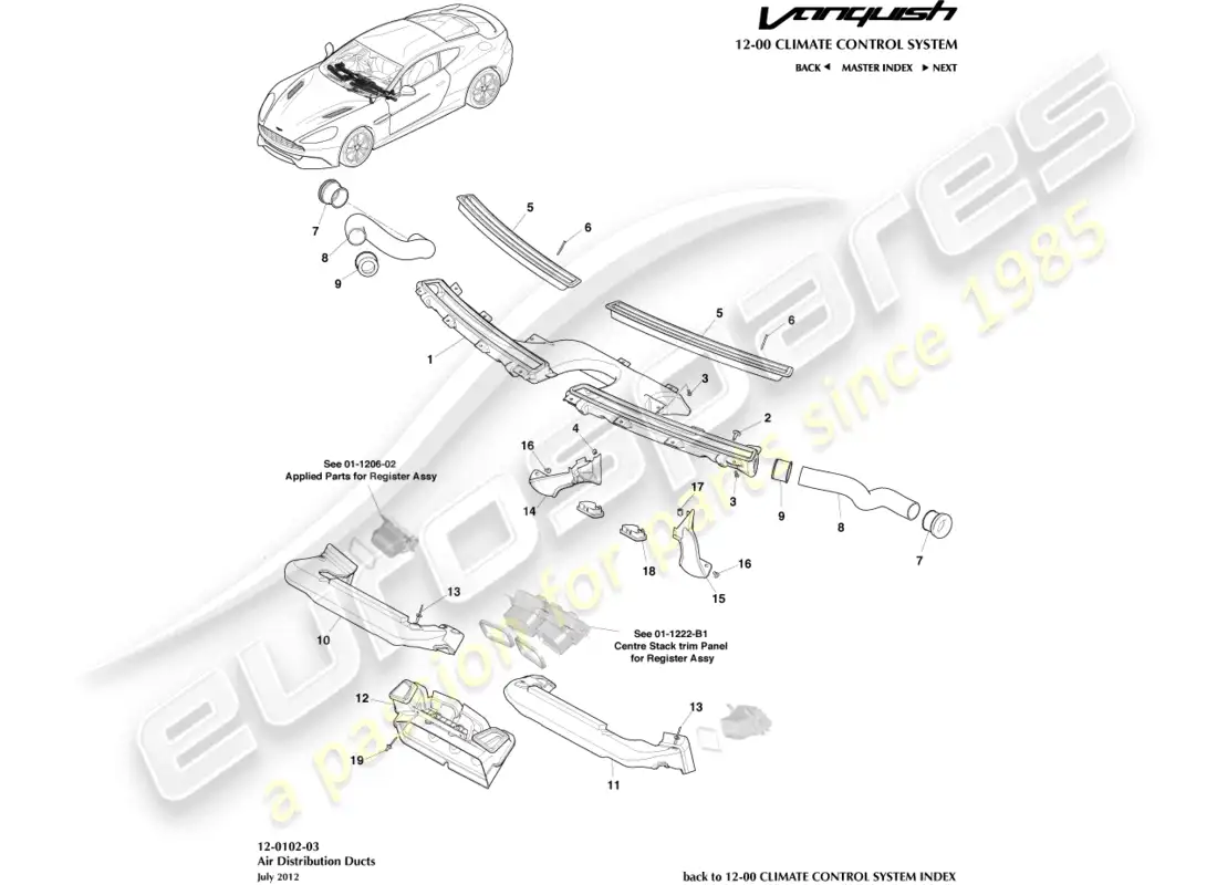 aston martin vanquish (2016) componentes de distribución de aire diagrama de piezas