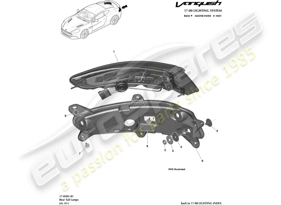aston martin vanquish (2018) diagrama de piezas de las luces traseras