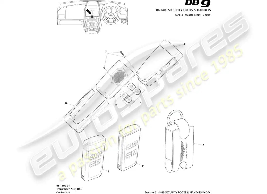 aston martin db9 (2016) transmisor rke diagrama de piezas