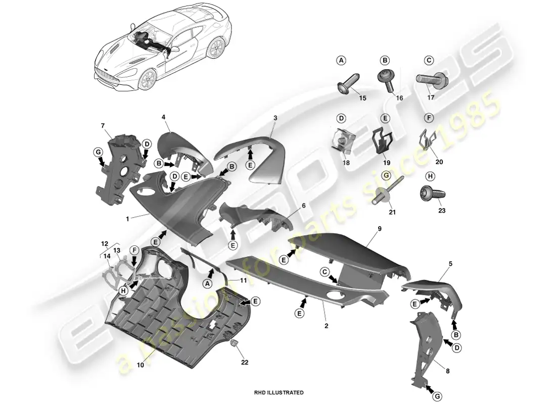 aston martin vanquish (2013) paneles recortados ip diagrama de piezas