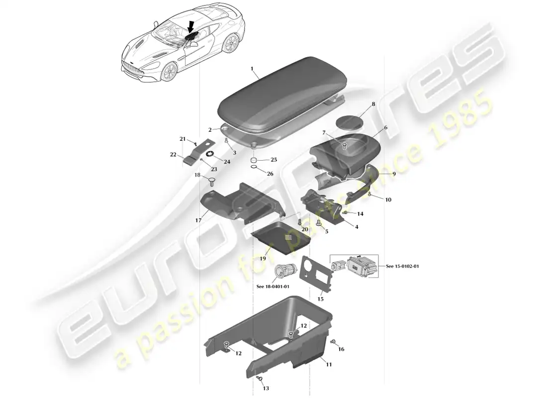 aston martin vanquish (2013) apoyabrazos de la consola central, página 1 diagrama de piezas