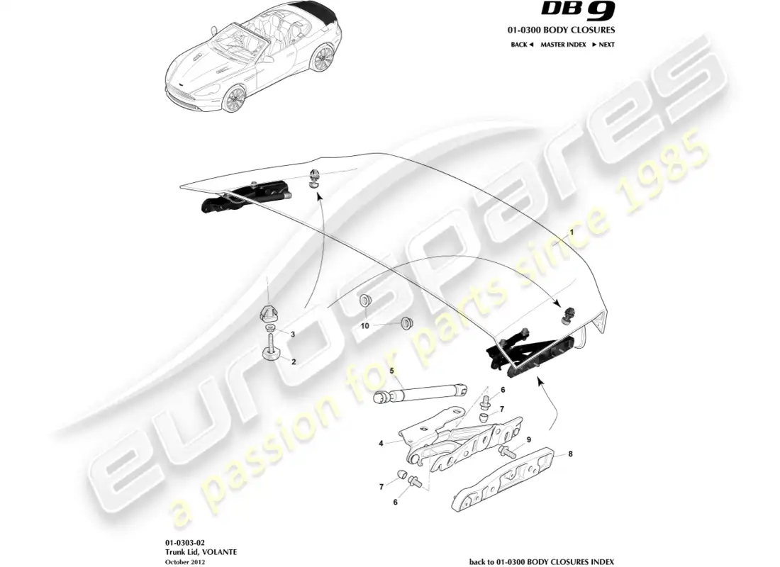 aston martin db9 (2014) tapa y bisagra del maletero, volante diagrama de piezas