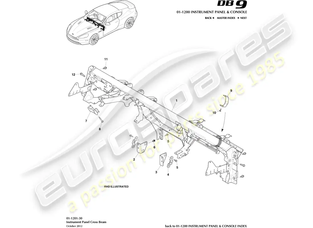 aston martin db9 (2014) viga transversal ip diagrama de piezas