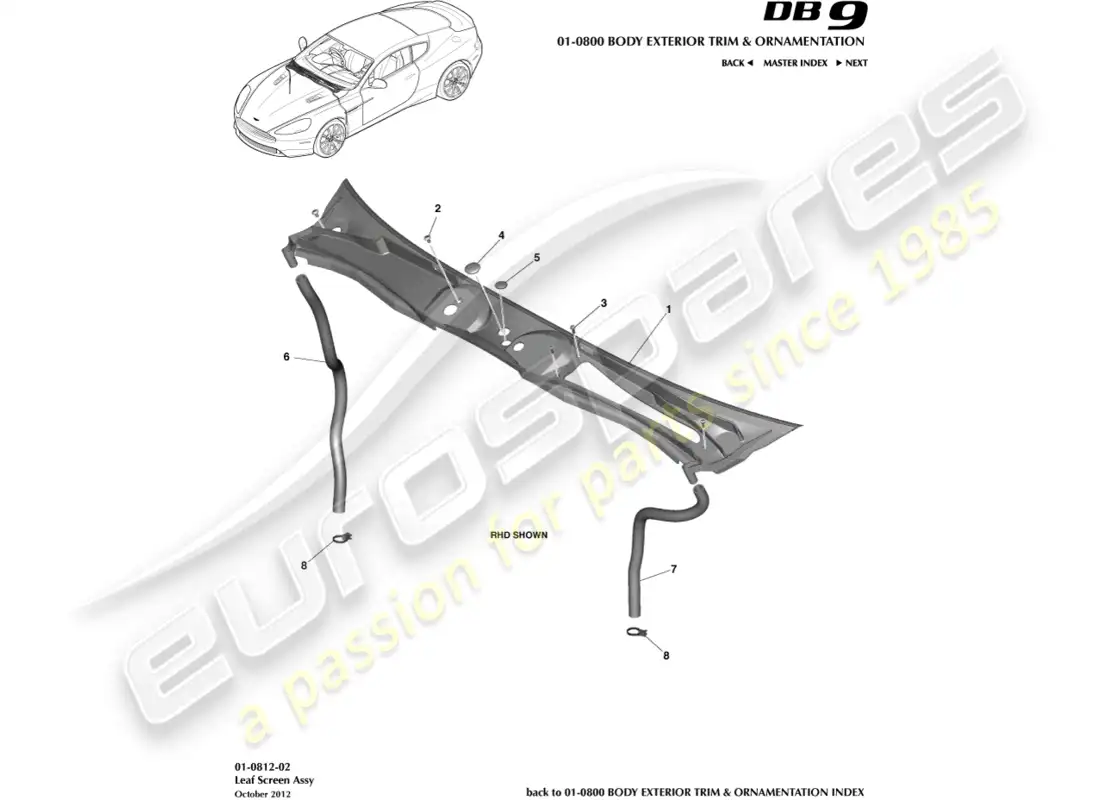 aston martin db9 (2015) conjunto de pantalla de hoja diagrama de piezas