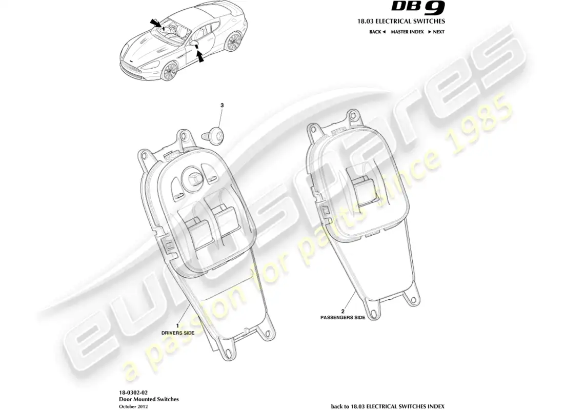 aston martin db9 (2015) interruptores montados en puerta diagrama de piezas
