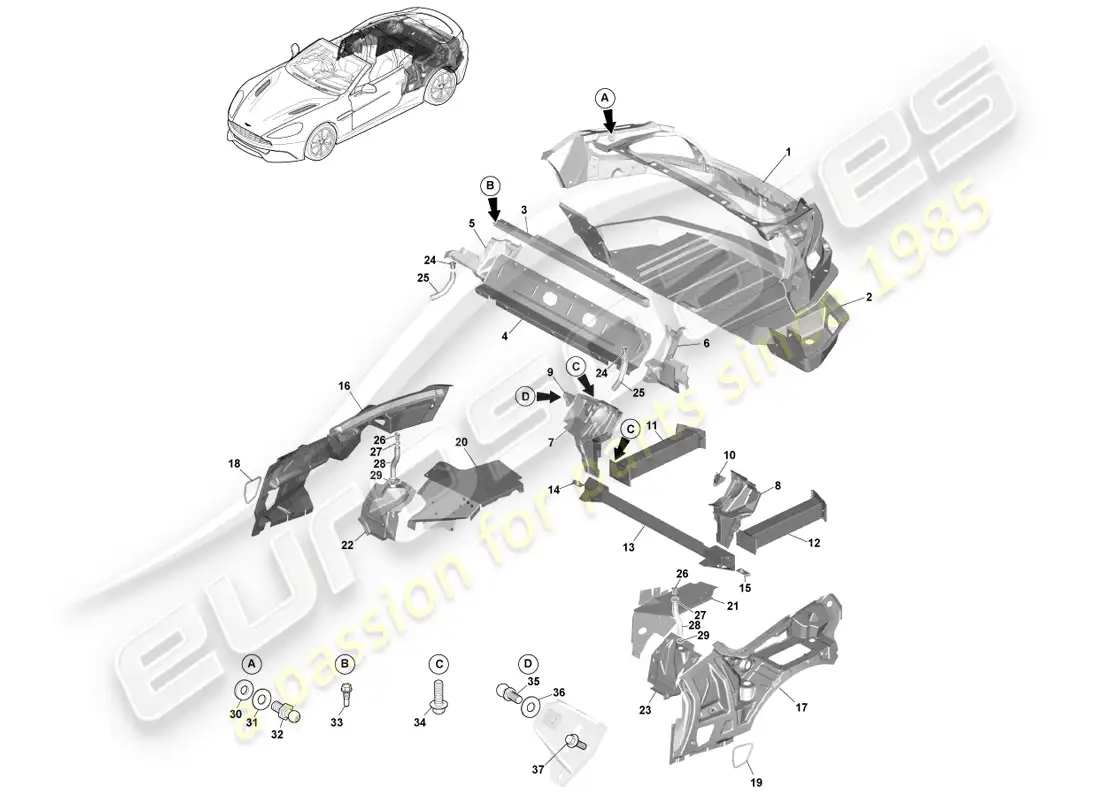 aston martin vanquish (2013) body rear end, volante diagrama de piezas