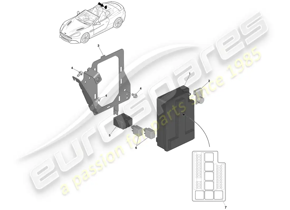 aston martin vanquish (2013) caja de fusibles del compartimento de carga diagrama de piezas