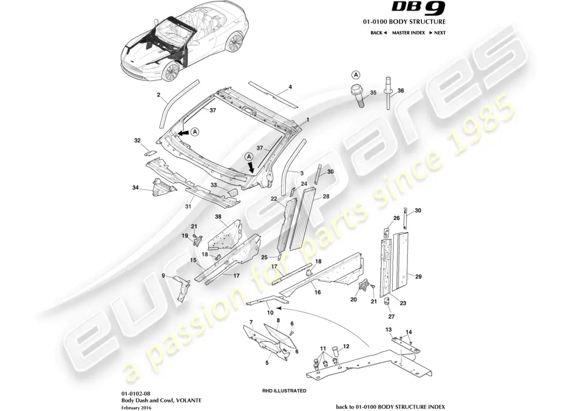 aston martin db9 (2014) carrocería y capó, volante diagrama de piezas