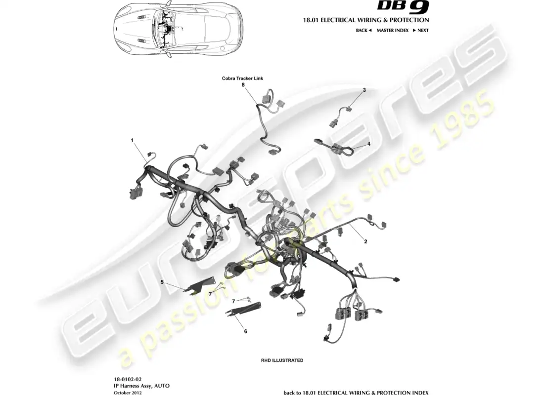 aston martin db9 (2014) arnés ip diagrama de piezas