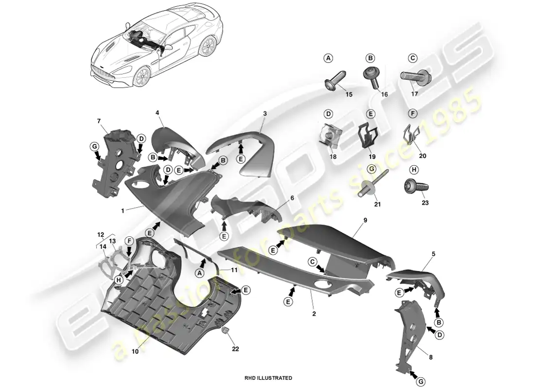 aston martin vanquish (2014) paneles recortados ip diagrama de piezas