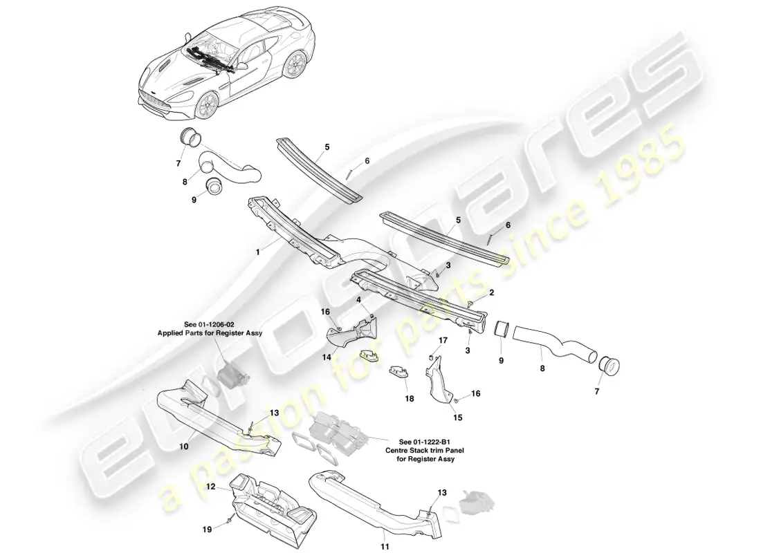 aston martin vanquish (2014) componentes de distribución de aire diagrama de piezas