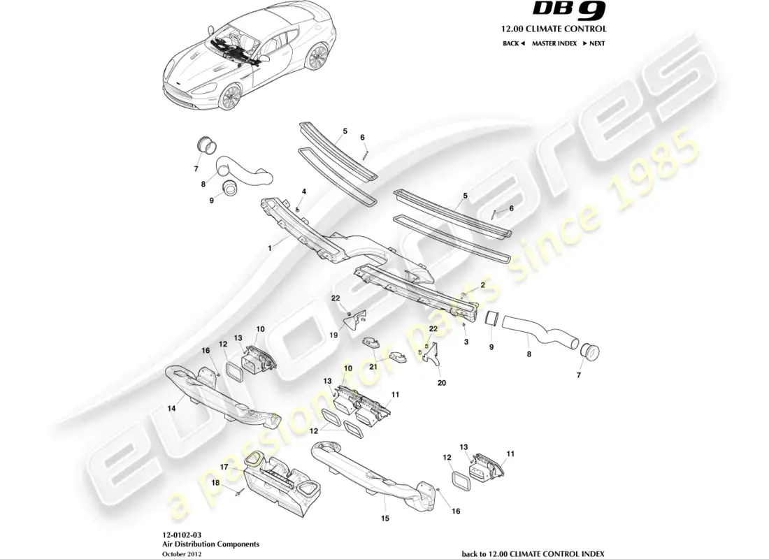 aston martin db9 (2016) componentes de distribución de aire diagrama de piezas