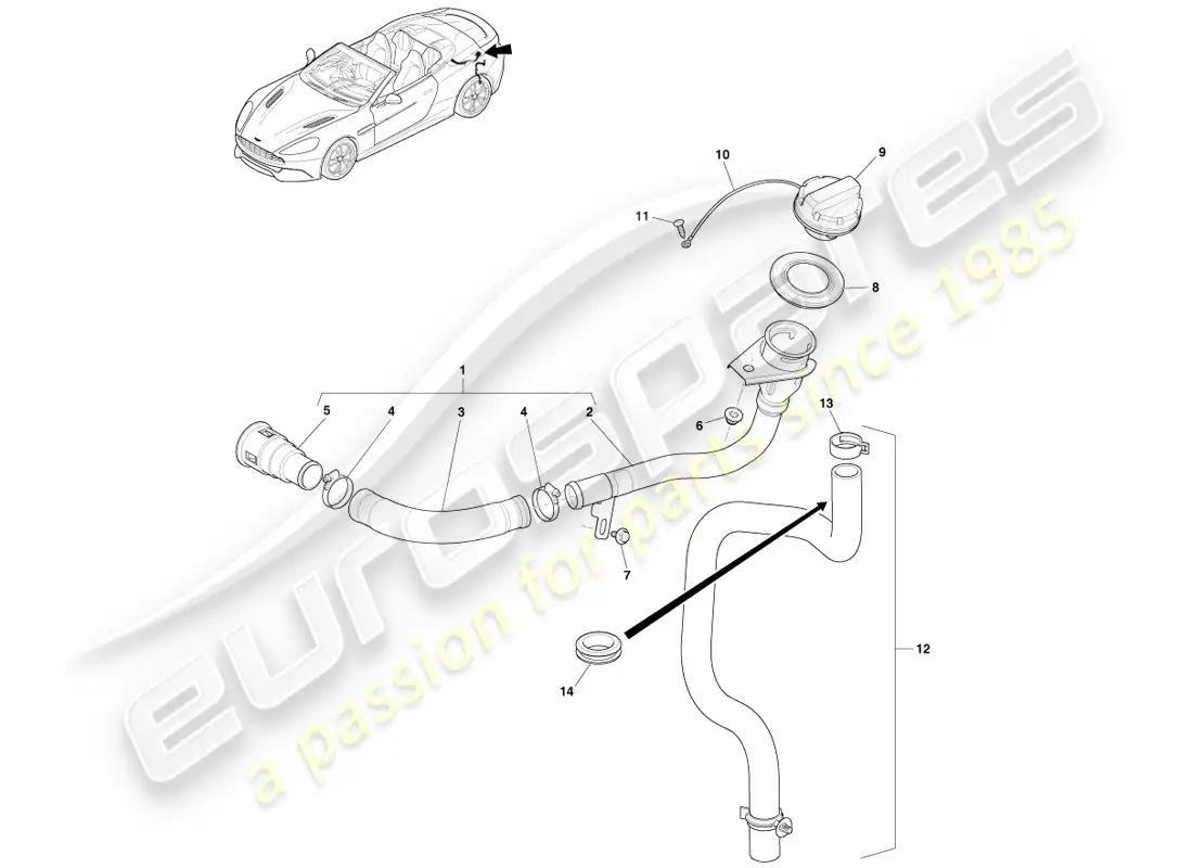 aston martin vanquish (2014) conjunto de llenado de combustible, volante diagrama de piezas