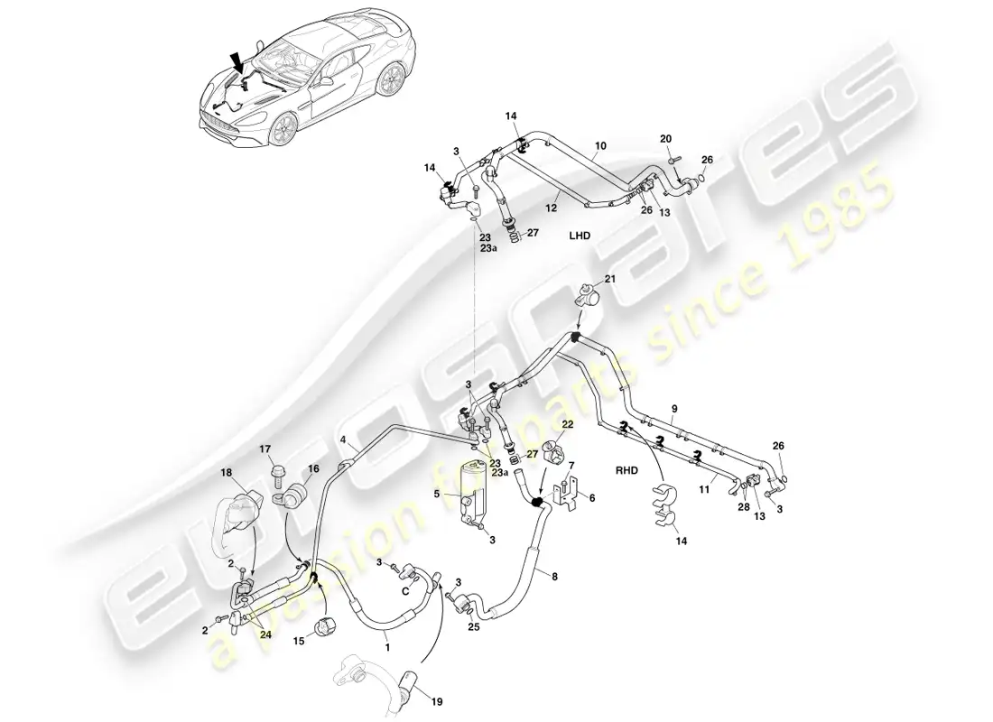 aston martin vanquish (2014) líneas de aire acondicionado, r134a gasolina diagrama de piezas