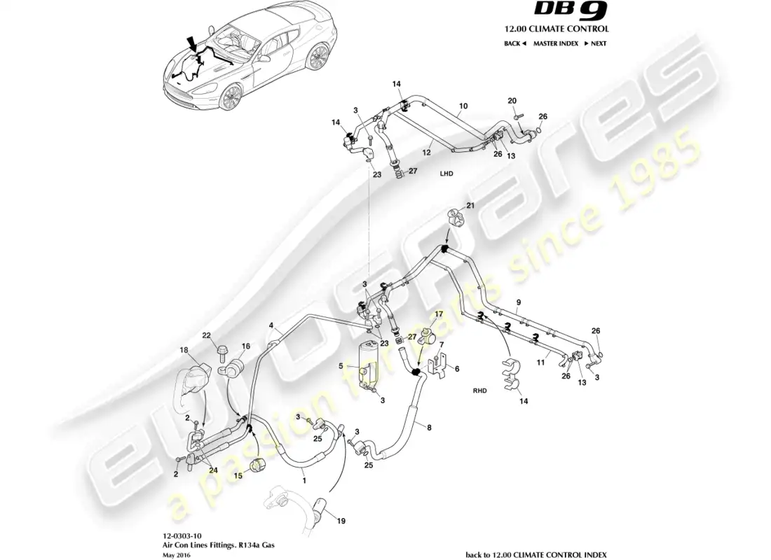 aston martin db9 (2016) líneas de aire acondicionado, r134a gasolina diagrama de piezas