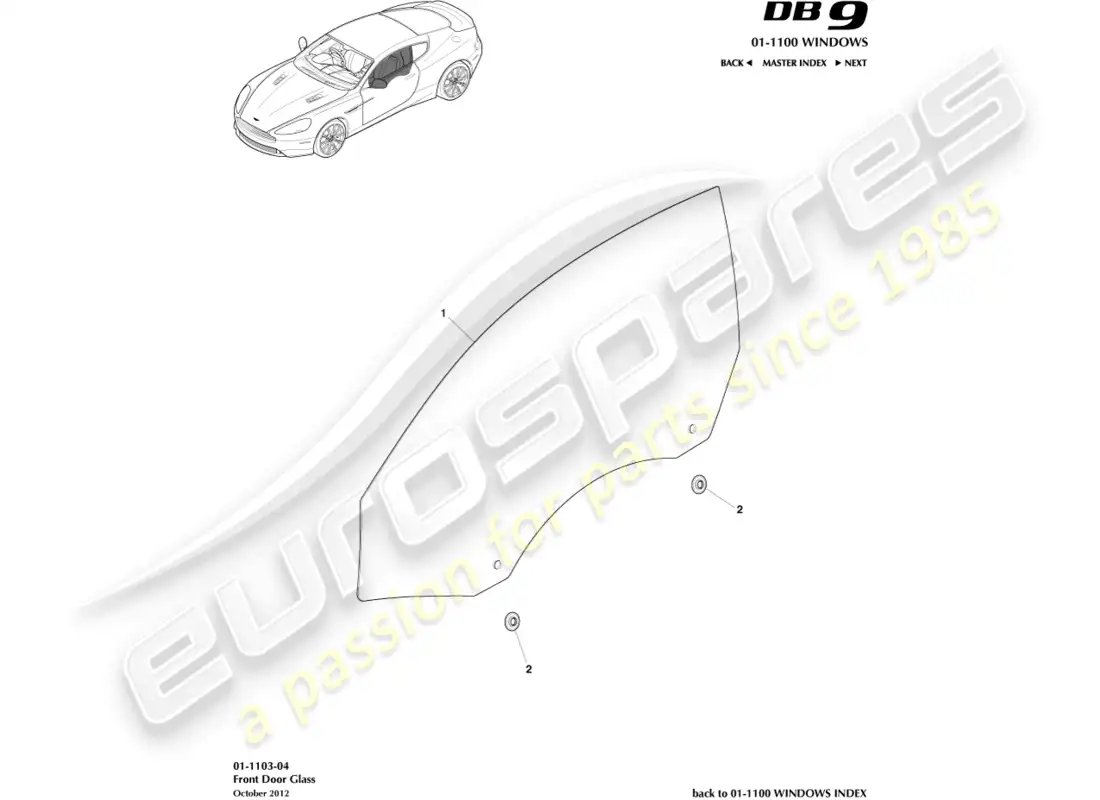 aston martin db9 (2014) vidrio de la puerta principal diagrama de piezas