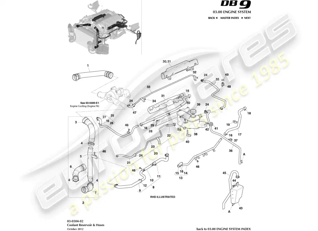 aston martin db9 (2013) depósito de refrigerante y mangueras diagrama de piezas