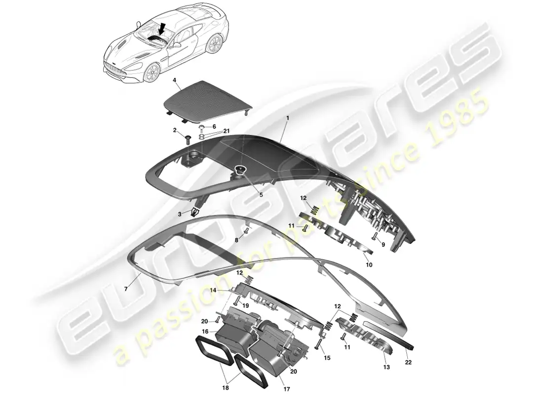 aston martin vanquish (2013) panel de moldura de la consola central diagrama de piezas